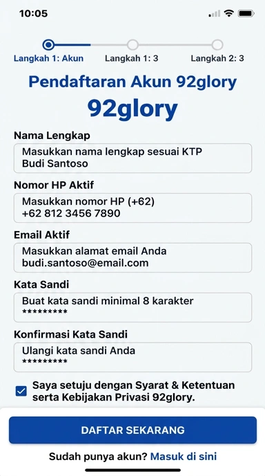 Tampilan halaman daftar 92glory