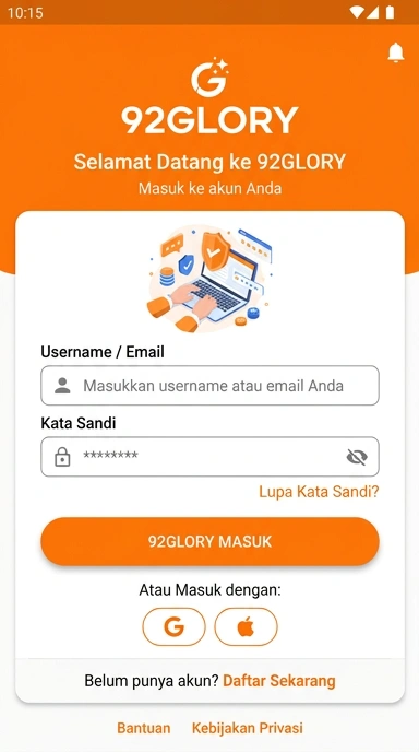 Tampilan halaman login 92glory