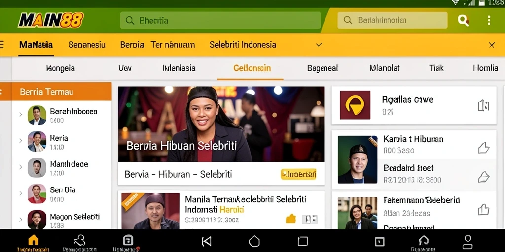 Tampilan screen utama aplikasi MAIN88 yang penuh dengan berita selebriti.
